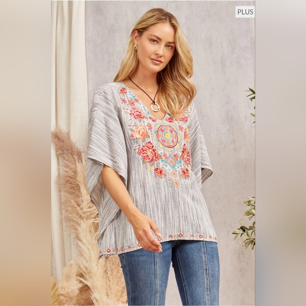 Savanna Jane Gray Tunic with Floral Embroidery